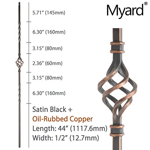 Myard Single Basket 1/2 Inches Square Forged Iron Stair Balusters Furniture for Deck Handrail Railing Staircase Balusters Banister Balustrade, 44 Inches 5-Pack (Satin Black + Oil-Rubbed Copper) by Myard - Image 2