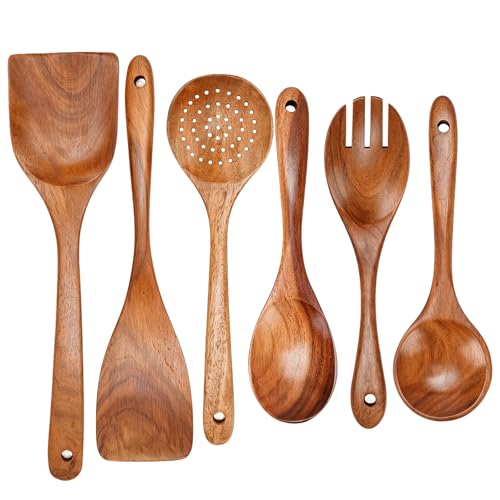 6 Pcs Wooden Spoons Sets Cooking Heat Resistant Natural Teak Wooden Cooking Utensil Set Comfortable Grip Non-Stick Wooden Kitchen Utensils