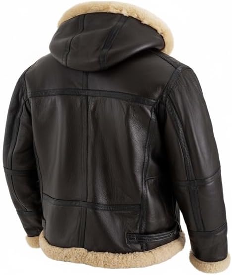 Men B3 Brown Bomber Removable Hood Real Shearling Sheepskin Leather Aviator Flight Jacket