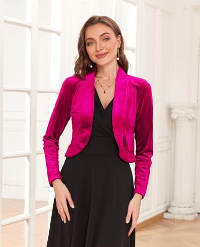 Image of Women's Long Sleeve Velvet Shrug for Dresses Cocktail Party Open Front Cropped Bolero Cardigan Top