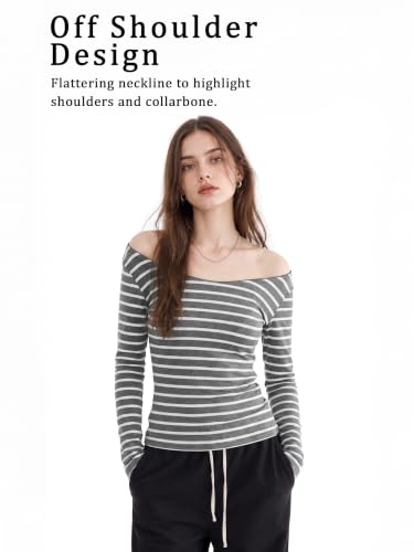 Image of Women Off Shoulder Striped Long Sleeve Top 2026 Fall Going Out Tee Shirts