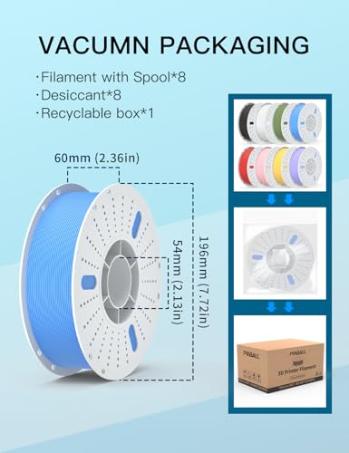 Image of PINBALL 8 KG Matte PLA 3D Printer Filament 1.75mm, Matte Surface Multicolor PLA Filament, Individually Vacuum Packed, 1kg Spool, 8 Rolls, Black+White+Red+Yellow+Blue+Green+Purple+Pink