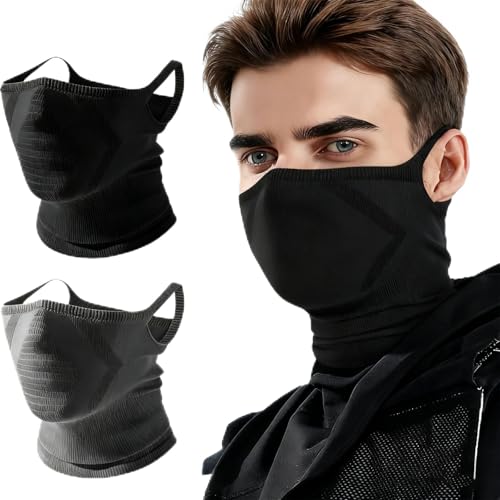 COZERI 2PCS Windproofed Warm Half Face Mask - Soft Knit Breathable Half Mask Warm Neck Mask & Balaclavas for Men, Moisture-Wicking Head Cover for Skiing/Cycling/Hiking/Daily Commuting(Black+Grey)