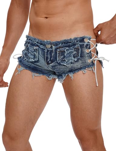 FEOYA Jeans Hotpants Herren Sexy Mini Denim Shorts Stretch Cut Low Rise Hot Pants Sommer Party Clubwear Strand Urlaub Sissy Kurze Jeansshorts für Männer A3 M