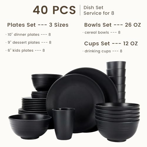 Image of Homienly 40-Pieces Wheat Straw Dinnerware Set, Kitchen Plastic Wheat Straw Dinnerware Set - Service for 8, Unbreakable Lightweight Dish Set for Kitchen, Camping - Plates Set, Bowls, Cups Set(Black)