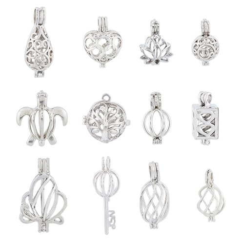 HOBBIESAY 12Pcs 12 Styles Brass Bead Cage Pendants Open Hollow Cage Charms Hollow Filigree Cage Charms Chime Ball Pendants Sea Turtle Charm for DIY Necklaces Jewelry Making Supplies-Platinum