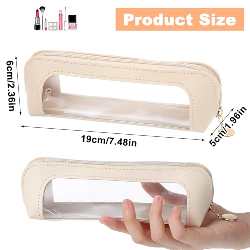 1 PCS Clear Pencil Case with Zipper PU Leather Clear Makeup Brush Bag Double Sided Toiletry Bag Portable Skincare Cosmetic Bags Transparent Waterproof Cosmetic Organizer Storage Bags for Women(Beige)2