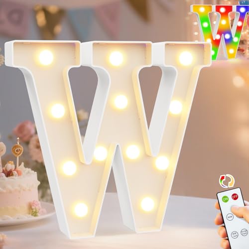 Image of Pooqla LED Light Up Letters, Warm White and Colorful Lighted Marquee Letters with Remote, Lighted Letter for Party Birthday Decorations, Gift for Girls Boys Night Light, Wedding Home Decor, Letter W