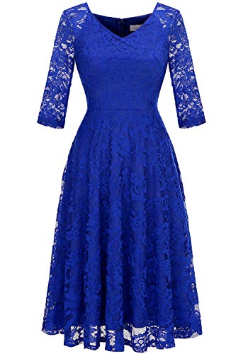Image of Dressystar Womens Long-Sleeve Wedding Guest Dress A-Line Lace Formal Party Cocktail Midi Dress Prom Gown