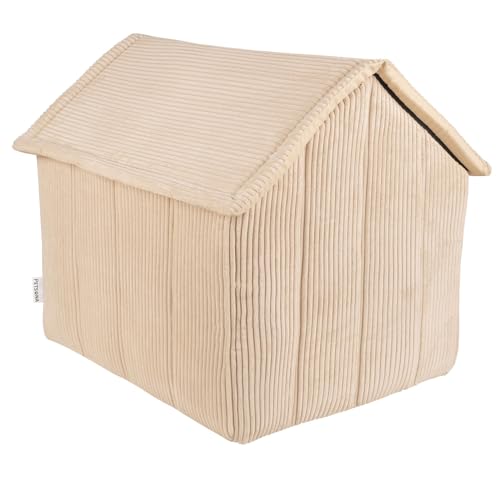Petsona Hundehütte Rippenstrickstoff Waschbarer Bezug Reißverschlussdach, Beige,XL
