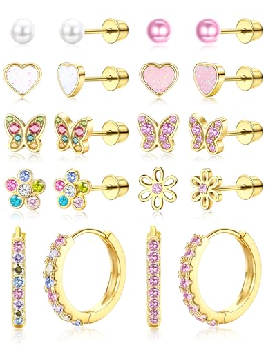 LOLIAS 10 Paar Kinder Ohrringe Mädchen Hypoallergene Gold Medizinische Ohrstecker und Creolen für Mädchen Chirurgenstahl Rosa Perle Herz Blume Schmetterling Kinderohrringe Gold