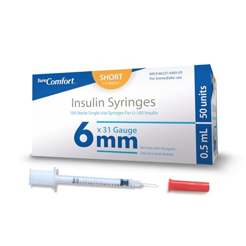 Image of SureComfort U-100 Insulin Syringes 31G x 1 /4 inch 1 /2cc (6 mm), For Diabetes Care, Box of 100