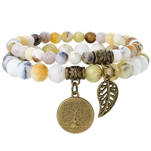 Farfume Chakra Bracelets for Women - Crystals Bracelet Women Natural Gemstones Yoga Reiki- A Set of Double Bracelets（Dendritic Opal & LifeTree（Mediano）