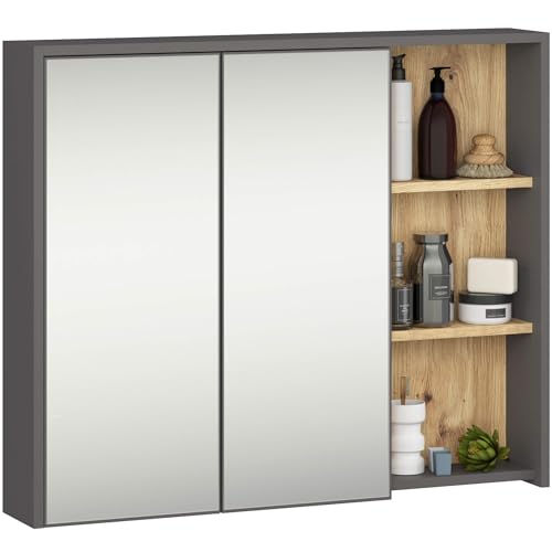 AKORD Mobile Bagno con Specchio VAMI 90 cm - Pensile Bagno Specchio Contenitore 2 Ante, 6 Ripiani - Spazioso - Robusti e Resistenti all'Umidità - 90x75x15 cm - Grigio Grafite & Rovere Artisan