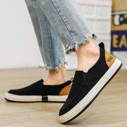 MILDSEVEN Casual Men's Fashion Canvas Shoes, Simplicity Traditional Chinese Linen Shoes, Handmade Comfortable Retro Loafers,9.5,Black 6
