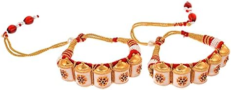 sanjog Women's Brass Metal Rajasthani Look Golden Pochi Armlet Bangle Kada in Cream Hues, Kundan Work