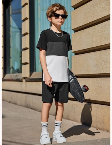 Image of Arshiner Boys' 2-Piece Cotton Outfit Color Block T-Shirt and Shorts Set Summer Camo Clothes for Kids 5-14 Years