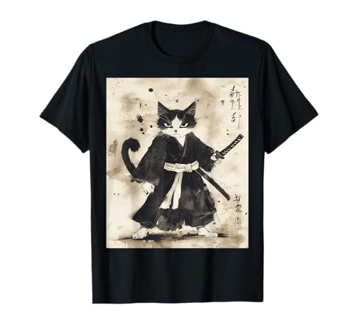 Vintage Samurai Cat ukiyo-e Design Japanese Graphic Cat Art Maglietta