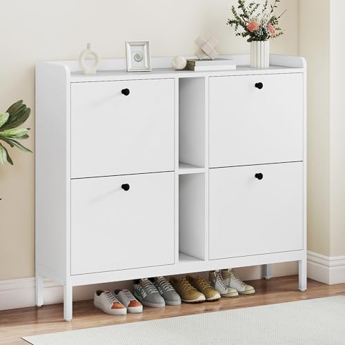 TAUS Shoe Cabinet with 4 Flip Drawers, Shoe Storage Cabinet with Adjustable Shelves & Open Shelves for 16 Pairs of Shoes, Hallway Storage Unit with 108CM Roomy Countertop (White)