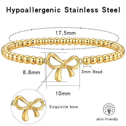 Beaded Bow Bracelet for Women - 3mm Cute Dainty Stretch Charm Bracelet with Ball Beads, Hypoallergenic Stainless Steel, Trendy Handmade Jewelry Gift (Gold) — view 4