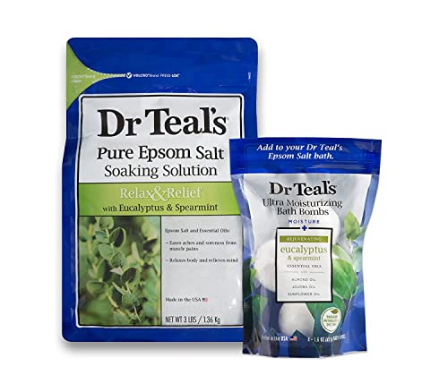 Image of Dr Teal's Epsom Salt Soaking Solution and Ultra Moisturizing Bath Bombs with Pure Epsom Salt, Eucalyptus 3lb Bags, and 4 Count Bag