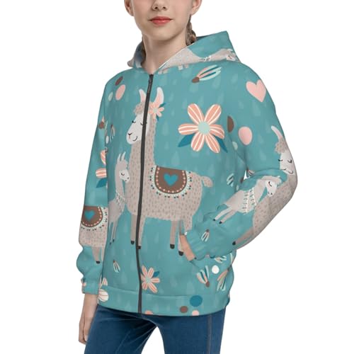 Teal Mama Llama Kid Hoodies Boys Zip Up Sweatshirts Girls Pullover with Pocket