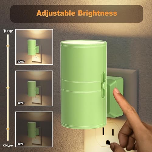 Image of JandCase Night Lights Plug into Wall, Dimmable Night Light Plug in with Green Shade, Modern Night Lights with Dusk to Dawn Sensor, Soft White 3000K, 0-100LM Nightlight for Hallway Bedroom, 2 Pack