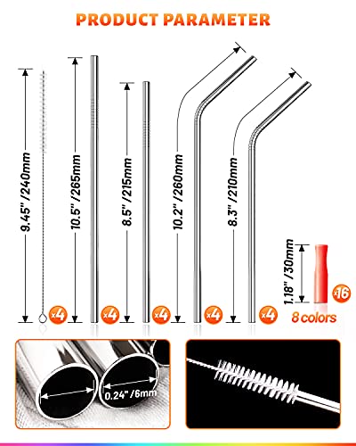 VEHHE 16-pack herbruikbare metalen roestvrijstalen rietjes met siliconen tips reiskoffer - lange rietjes voor 3 oz en… - Image 3