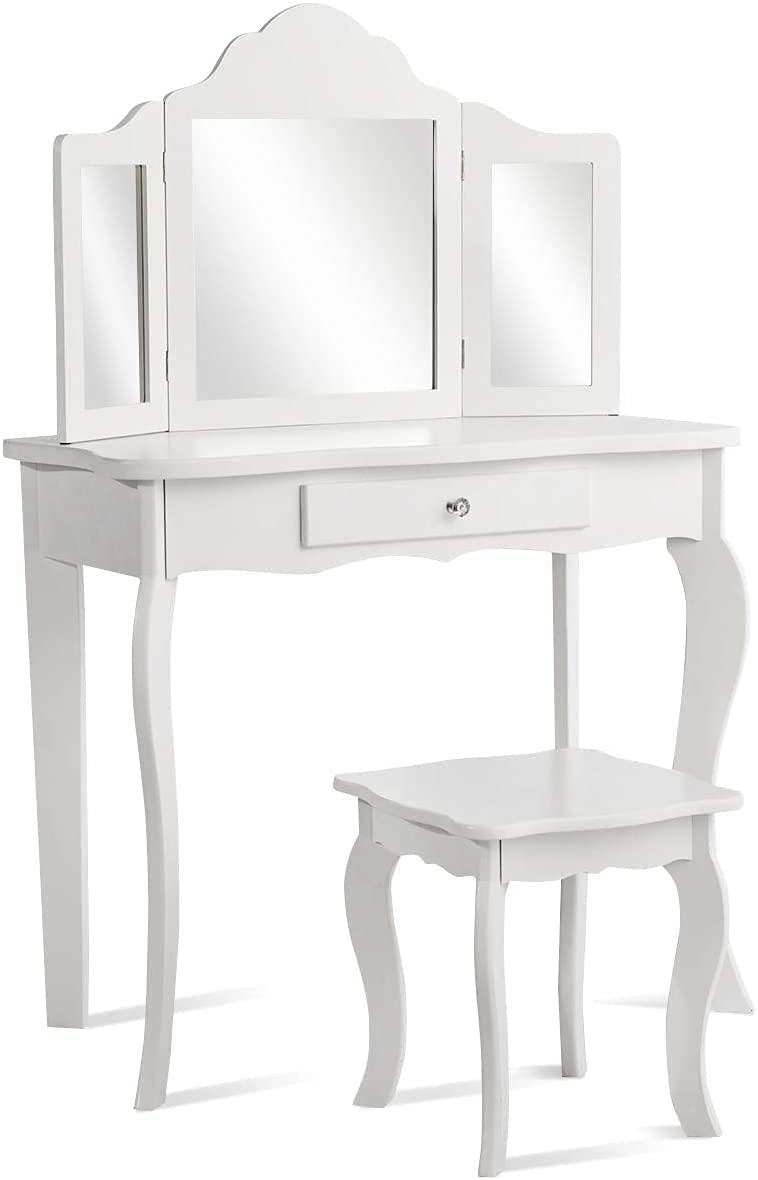 GOPLUS Tocador para Niñas con Espejo de 3 Persianas Plegables Ajustables, Parte Superior Extraíble, Tocador Infantil de Maquillaje para Niños, 70 x 34 x 100 cm (Blanco)