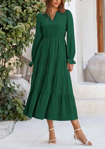 PRETTYGARDEN Long Sleeve Dress for Women 2025 Fall V Neck Tiered Aline Spring Elegant Modest Flowy Wedding Guest Maxi Dresses