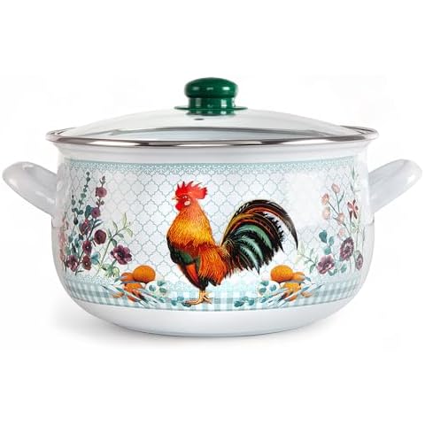 Enameled Aluminum Soup Pot Golden Rooster Belly Deep Casserole Cooking Pot with Glass Lid Enameled Camping Cookware Camping Stockpot for Cooking (6.55-qt. (6.2 L)) Cover