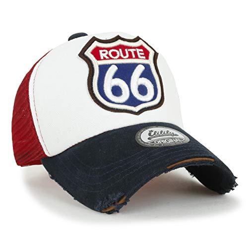 ililily Route 66 Wing Denim Mesh Back Trucker Hat Snapback Baseball cap, 2293 Navy, Medium