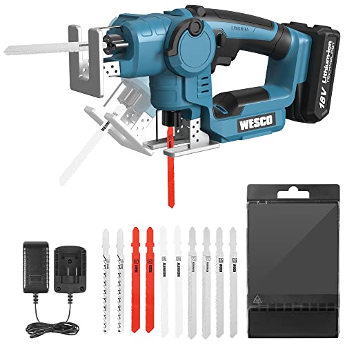 WESCO Jig Saw Reciprocating Saw 2 in 1, Jigsaw Tool 2500U/min, Cordless Reciprocating Saw Stroke Length 16mm, Cordless Saw with Battery and Charger, Cutting Capacity Wood 50mm PVC Pipe 45mm Steel 4mm