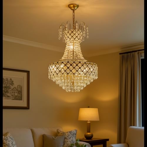 Image of DREAMY DESIGNS Round Shape 300MM Golden Color S4 Diamond Cut White Crystal Standard Celling Pendant Lamp with 4 E14 Bulb Inluded Gold Light Chandelier for Bedroom (30 * 70 CM)