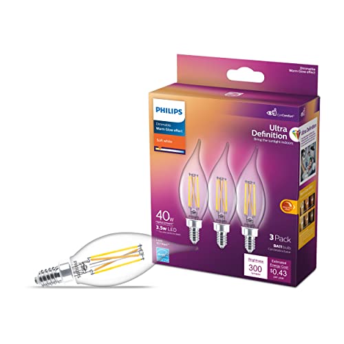 Philips LED Ultra Definition Dimmable, Eye Comfort Technology, Soft White 2700K BA11, E12 Base with E26 Adapter, Clear Glass Light Bulb, 700 Lumen, 6.6W=75W, T20 Certified, 3-Pack (564492) Philips LED Ultra Definition Dimmable, Eye Comfort Technology, Soft White 2700K BA11, E12 Base with E26 Adapter, Clear Glass Light Bulb, 700 Lumen, 6.6W=75W, T20 Certified, 3-Pack (564492)