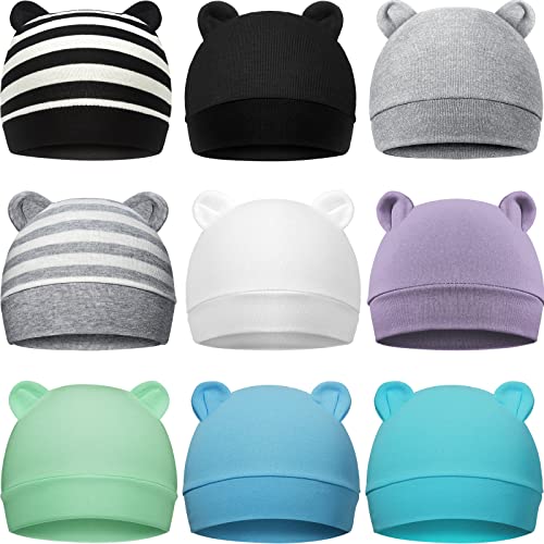 Image of Geyoga 9 Pieces Newborn Baby Hat Bear Ears Infant Caps Baby Boy Girl Toddler Hats Infant Beanie Caps for 0-3 Months