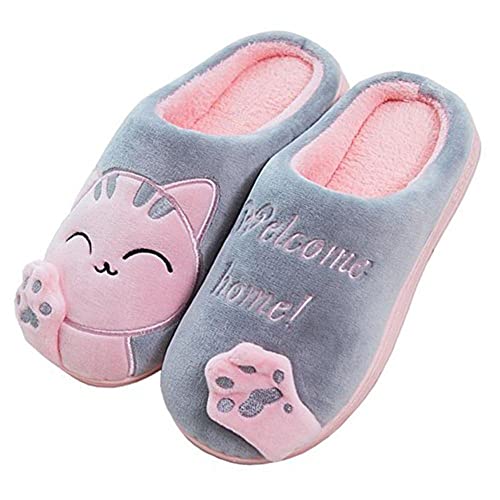 YisiNP Pantoufles d'hiver en Peluche pour Femme Chaud et Doux Légères Cartoon chat Pantoufles en Peluche Pour Homme Gris 1, 38/39 EU Cover