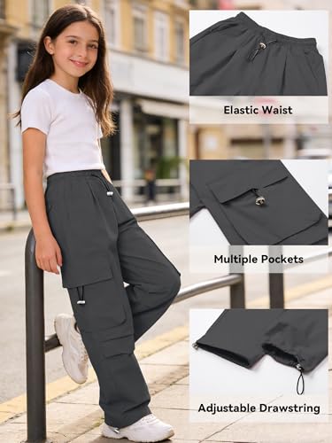 Image of SANGTREE Girls Parachute Pants Loose Lightweight Drawstring Waist Hip Hop Cargo Pants,6-16 Years