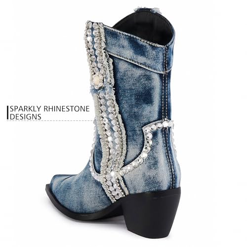 Women Denim Rhinestones Cowboy Mid Calf Boots Almond Pointed Chunky Block Heel Sparkly wide calf Western Boots3