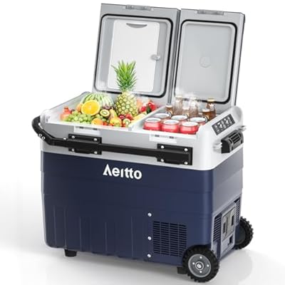 Aeitto 12V Car Refrigerator, 52QT(50L) Dual Zone Portable Dual Temp Control Car Fridge Freezer -4?-68? Electric Compressor Cooler with Wheel Cooling Freezing for Travel, Camping, RV, Road, Home, Car