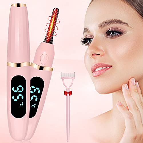 Heated Eyelash Curlers Heated Lash Curler with Comb Electric Eyelash Curler LED Display 3 Temperature Settings for Makeup Tools USB Rechargeable Natural Curling 24H Long Lasting for Women Gifts Pink