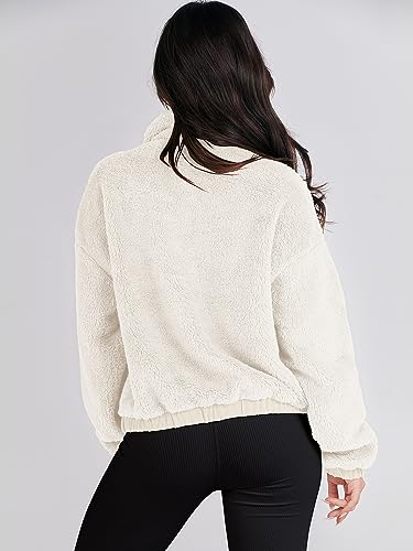 Anrabess Womens Fleece Jacket Casual Long Sleeve Cropped Sherpa Button Down Fuzzy Warm Coats Fall Outwear With Pockets Beige Small thumb #5
