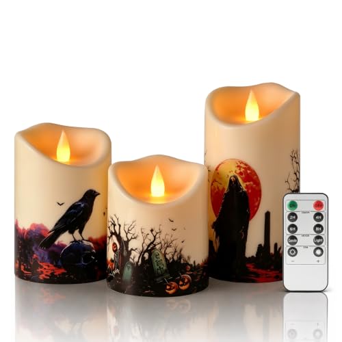 Image of Artmarry Halloween Flameless Candles 4 inch 5 inch 6 inch Set of 3 Outdoor Indoor | Pillars Battery Operated Flickering Candles with Cozy Climbing Flame Effect ,10-Key Remote Timer, Plastic LED Candles