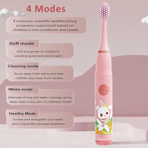 Image of Obvie Sonic Electric Kids Toothbrush with 4 Brushing Modes, 19000 Strokes per minute, IPX7 Waterproof, Soft Nylon Bristles, Rechargeable Battery, Electric Power Tooth Brush, 3 Heads (Pink)