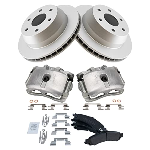 Image of TRQ Rear Brake Pad and Rotor Set Semi Metallic Vented Coated Rotors Calipers Compatible with 2005-2006 Cadillac Escalade 2005 Chevrolet Silverado 1500 2002 GMC Yukon