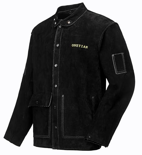 ONETIAN Veste de soudage en cuir noir, manteau de protection pour soudeur, veste de sécurité de travail FR, résistante à la chaleur et aux flammes (M)