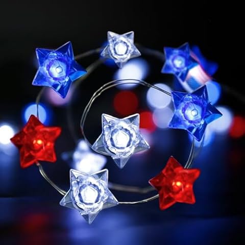 KEPATO 4th of July Light Decorations,10FT 30 LEDs Red White and Blue String Lights Battery Operated Patriotic American Flag Decor for Independence Day Memorial Day Fourth of July Star Cover