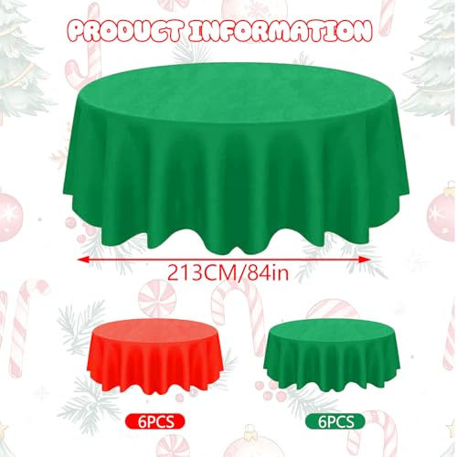 Image of CIEOVO 12 Pcs Christmas Plastic Tablecloths, Disposable Round Red Green Table Cover 84 Inch Waterproof Table Covers for Christmas Family Birthday Party Decorations