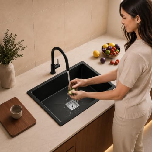 Image of TrueSink Quartz Kitchen Sink 16x18X9 Inches Black | Sound Proof, Heat & Scratch Resistant and Easy to Clean Single Bowl Granite Kitchen Sink /Basin with Waste Coupling & Pipe | Sink for Kitchen Black