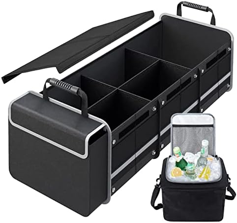 AOPHY Car Trunk Organizer with Insulated Leakproof Cooler Bag, 4 in 1 Waterproof Portable Car Storage Organizer with Collapsible Cover, 3 Large Compartments, Trunk Organizer for Car, SUV, Truck